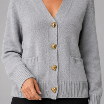 Women's V-Neck Cardigan – Gold Heart Button Detail
