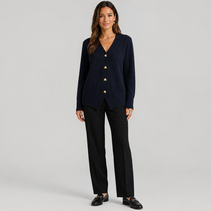 Women's V-Neck Cardigan – Gold Heart Button Detail