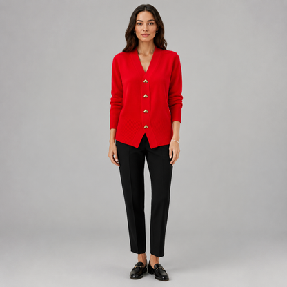 Women's V-Neck Cardigan – Gold Heart Button Detail