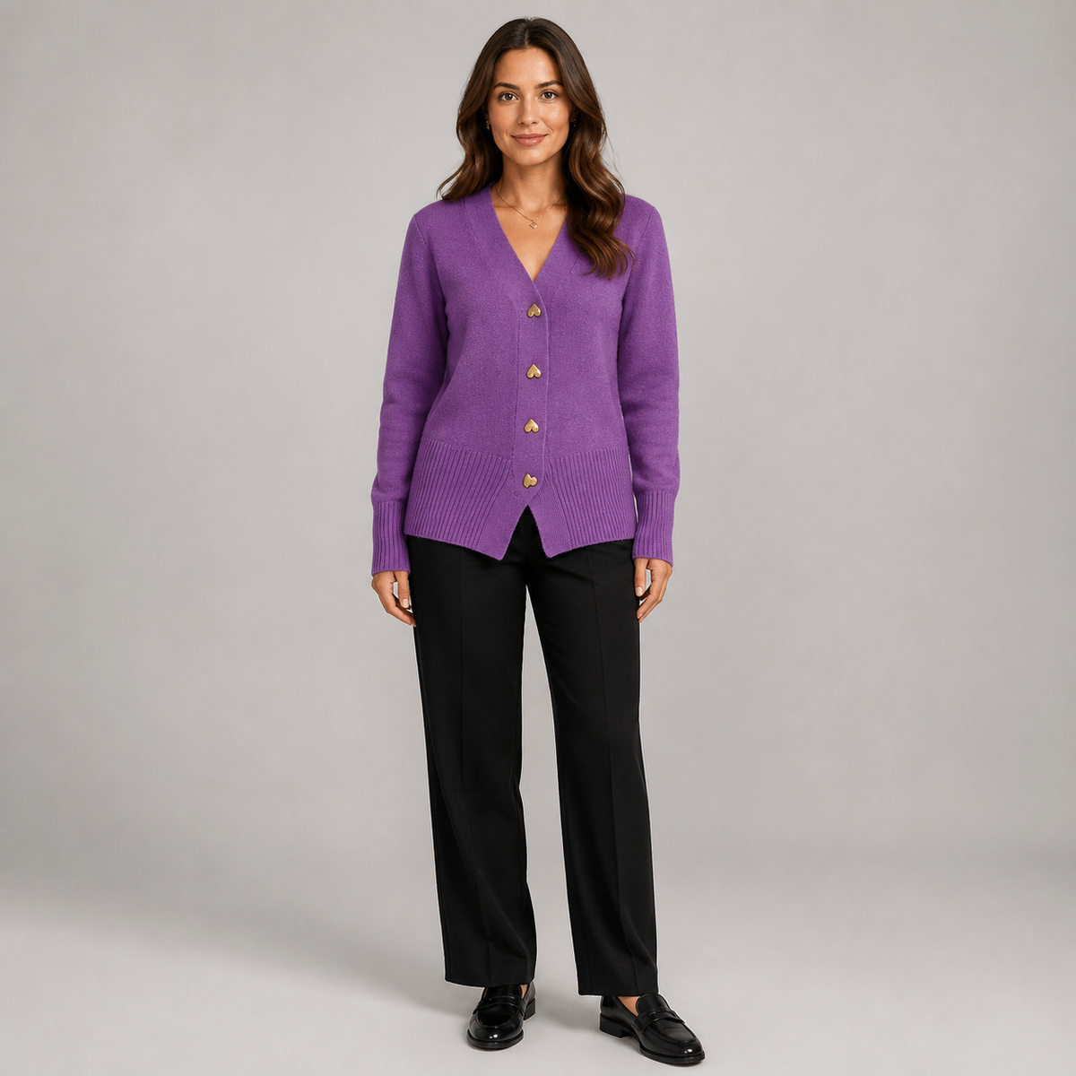 Women's V-Neck Cardigan – Gold Heart Button Detail