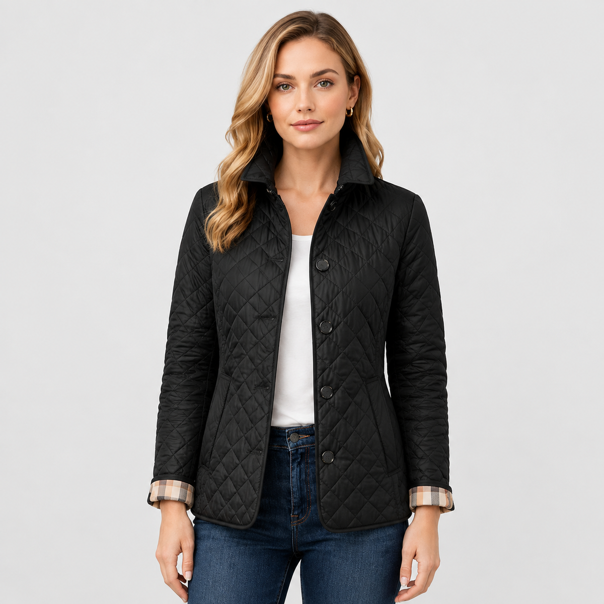 Women's Quilted Button Jacket – Stand Collar Style