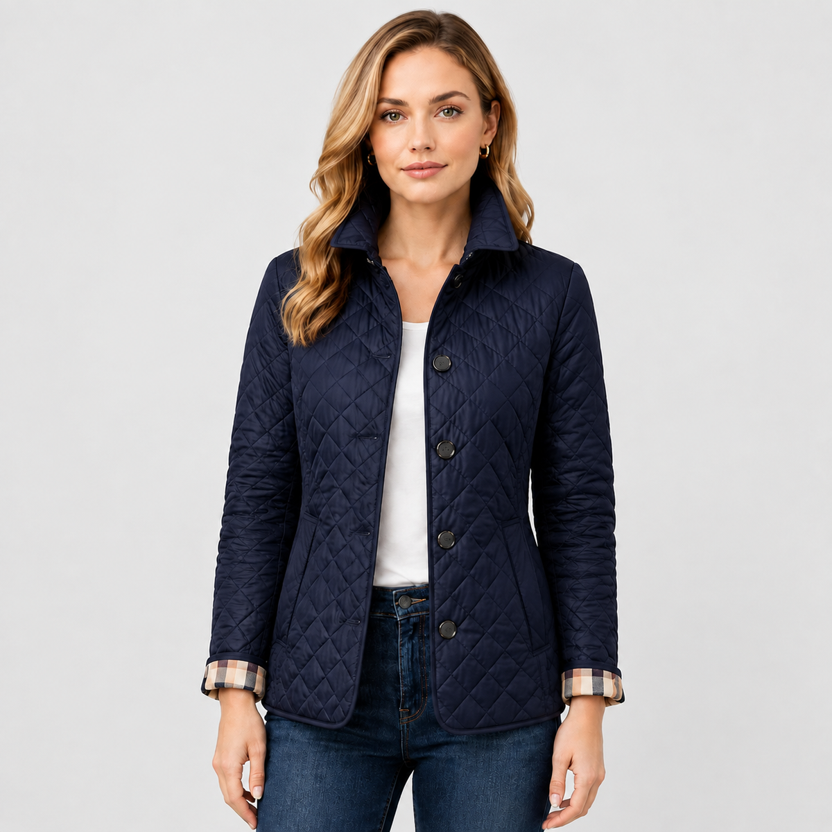 Women's Quilted Button Jacket – Stand Collar Style
