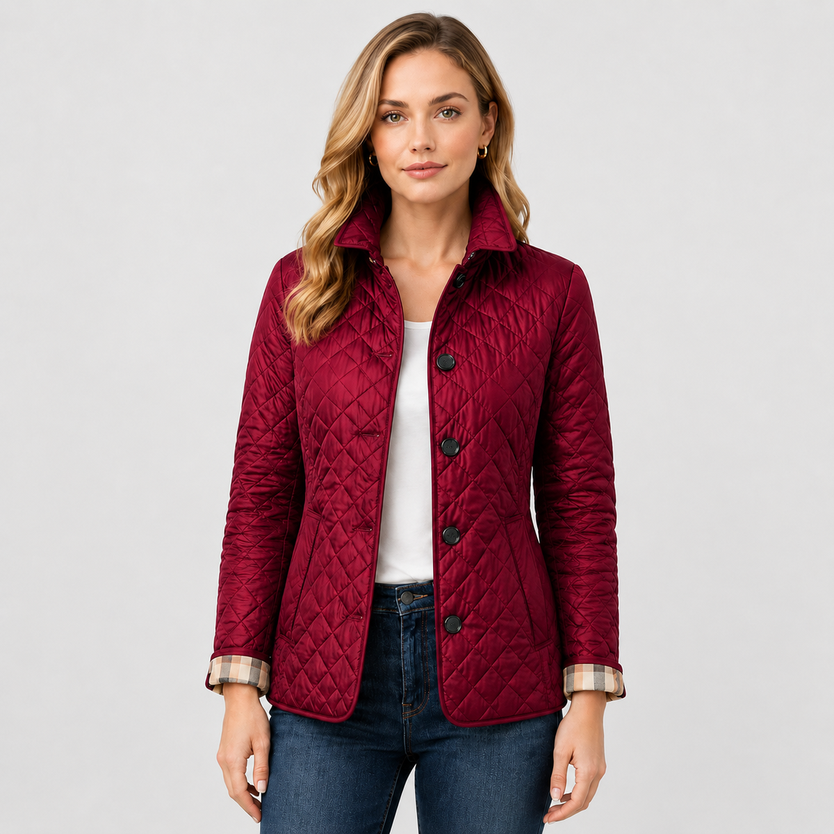 Women's Quilted Button Jacket – Stand Collar Style