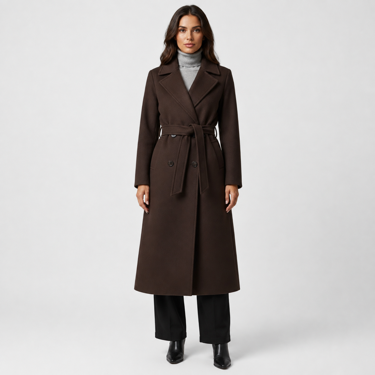 Women's Double-Breasted Coat – Belted Long Coat