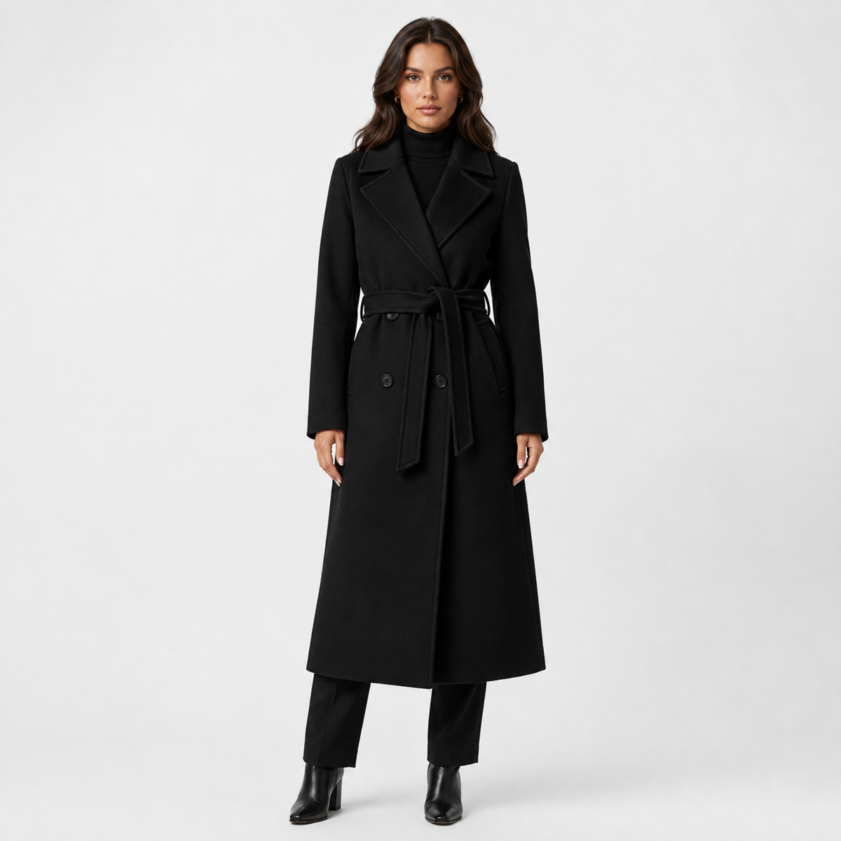 Women's Double-Breasted Coat – Belted Long Coat