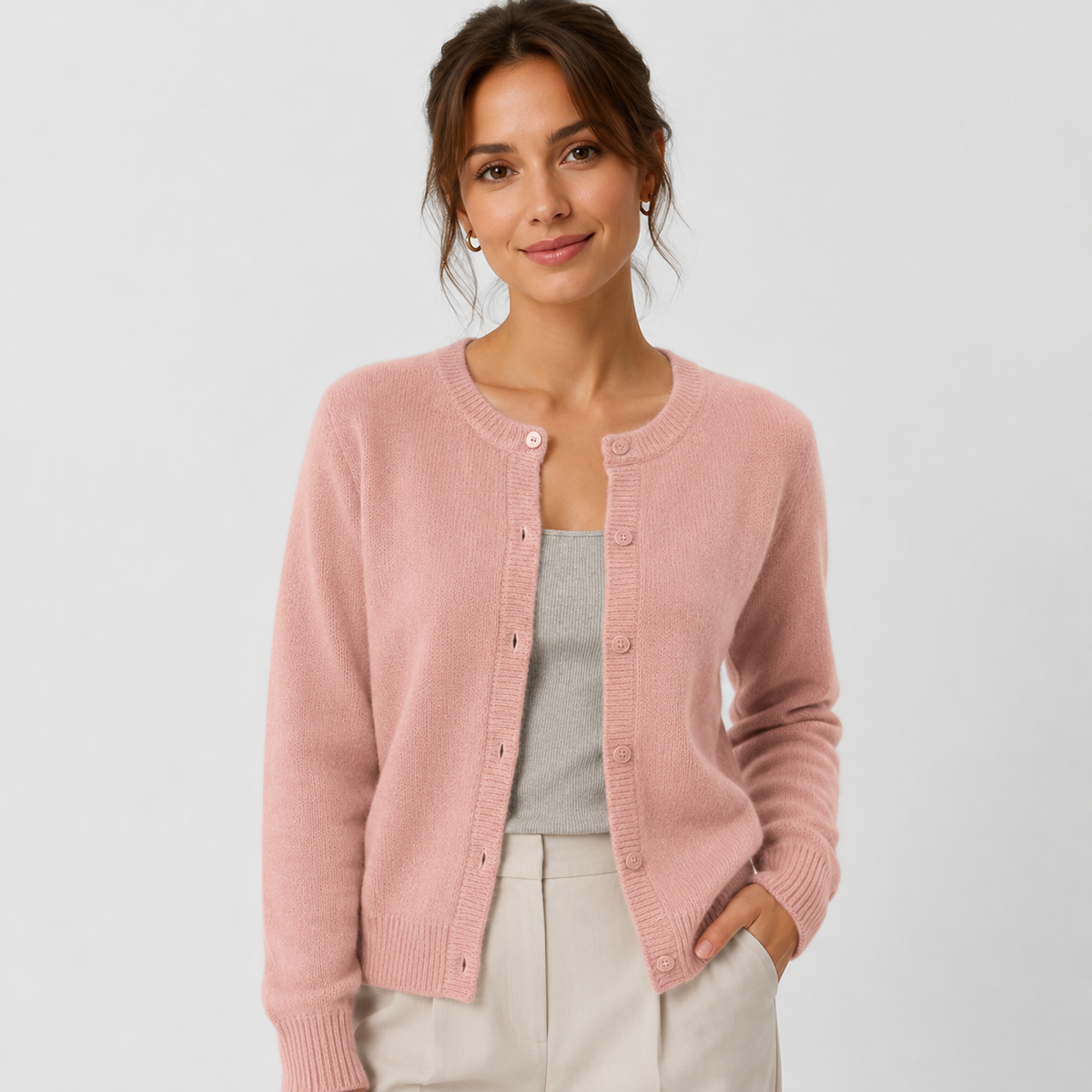 Women's Soft Knit Cardigan – Button Front Round Neck