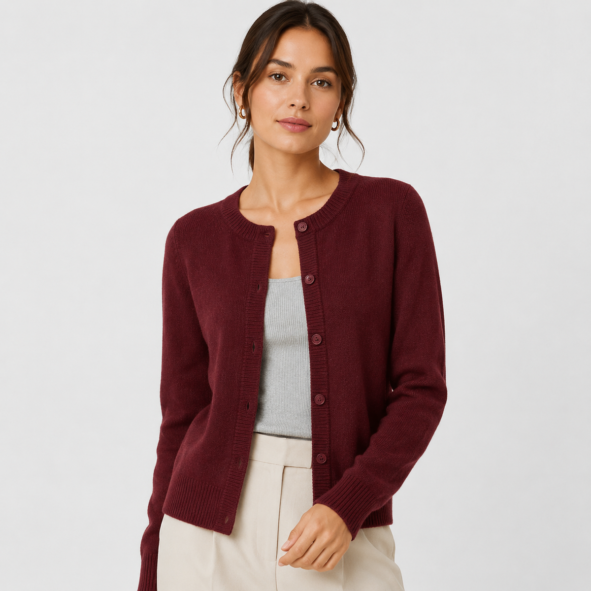 Women's Soft Knit Cardigan – Button Front Round Neck
