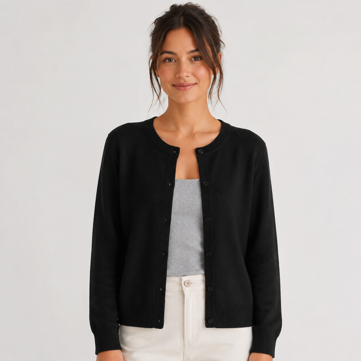 Women's Soft Knit Cardigan – Button Front Round Neck