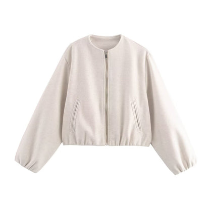 Cropped Relaxed Bomber Jacket with Elasticated Hem and Cuffs