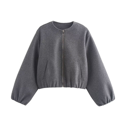 Cropped Relaxed Bomber Jacket with Elasticated Hem and Cuffs