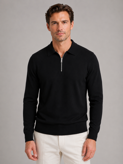 Men's Quarter Zip Polo Jumper – Fine Knit Long Sleeve Sweater