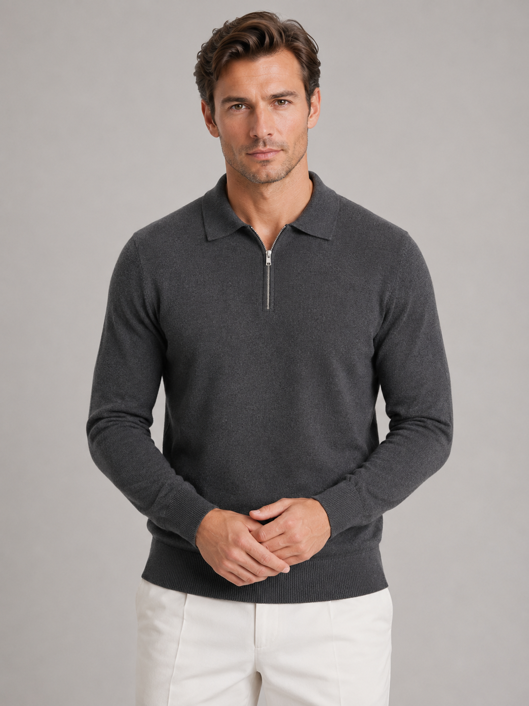 Men's Quarter Zip Polo Jumper – Fine Knit Long Sleeve Sweater