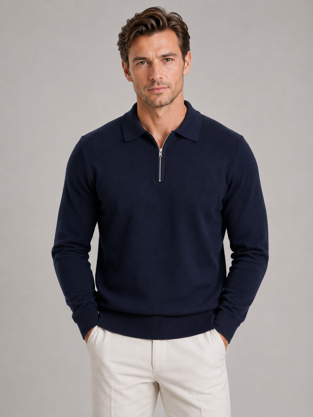 Men's Quarter Zip Polo Jumper – Fine Knit Long Sleeve Sweater