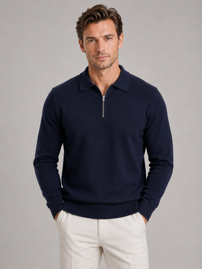 Men's Quarter Zip Polo Jumper – Fine Knit Long Sleeve Sweater