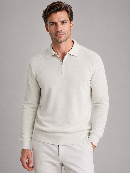 Men's Quarter Zip Polo Jumper – Fine Knit Long Sleeve Sweater