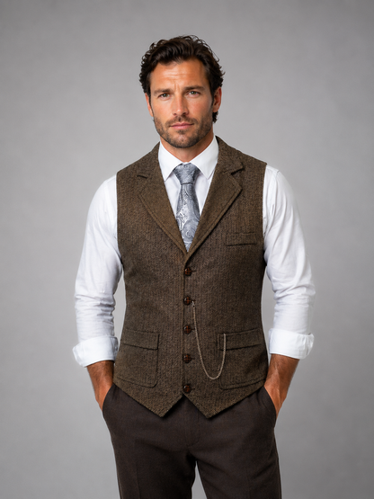 Men’s Tailored Herringbone Waistcoat – Vintage Smart Casual Style