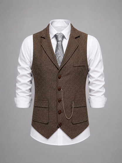 Men’s Tailored Herringbone Waistcoat – Vintage Smart Casual Style
