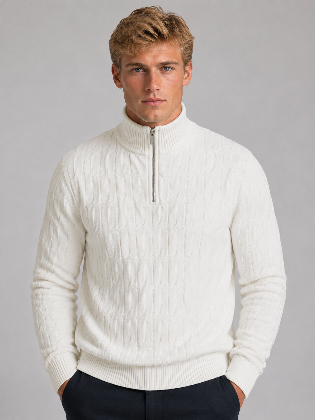 Men's Textured Quarter Zip Jumper – Funnel Neck Knit Sweater