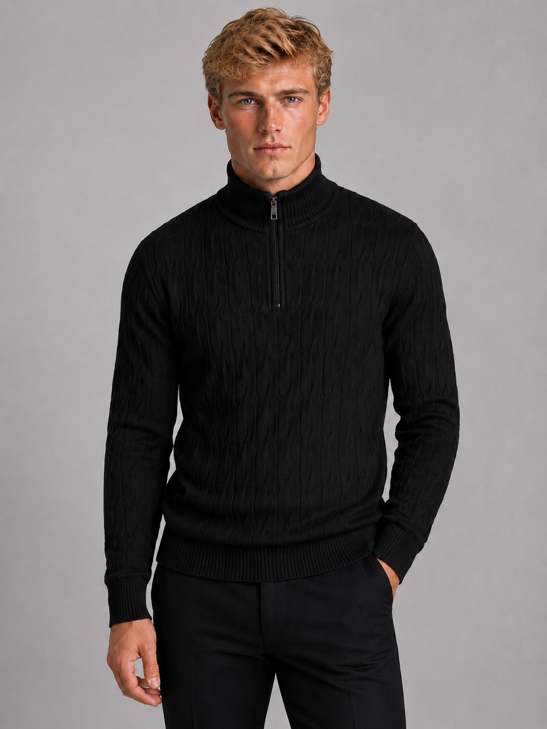 Men's Textured Quarter Zip Jumper – Funnel Neck Knit Sweater