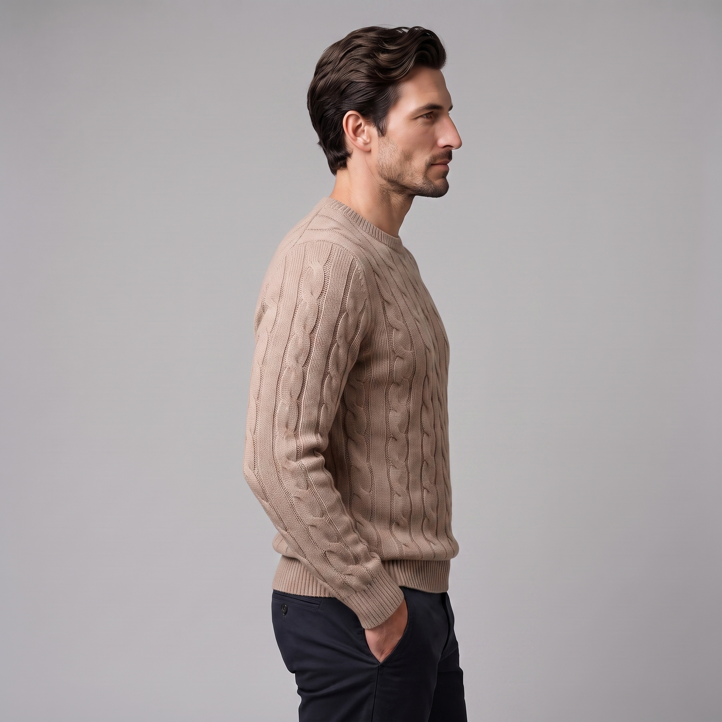 Men's Cable Knit Wool Crew Neck Sweater