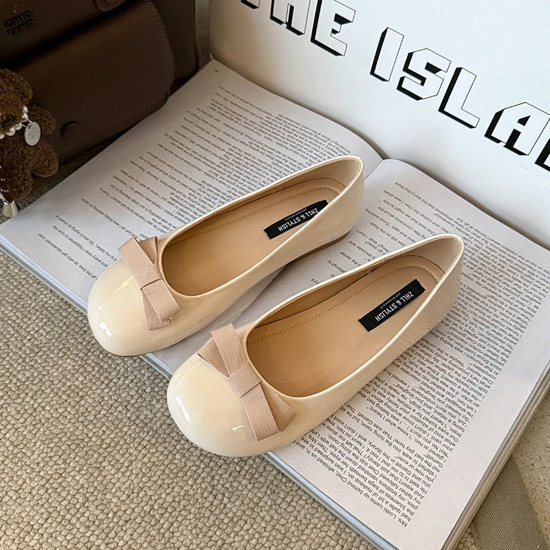 Dameszwart lakleer ronde neus balletflats met sleehak en strik Comfortabel kantoorwerk Dagelijks gebruik Casual schoenen Nieuw