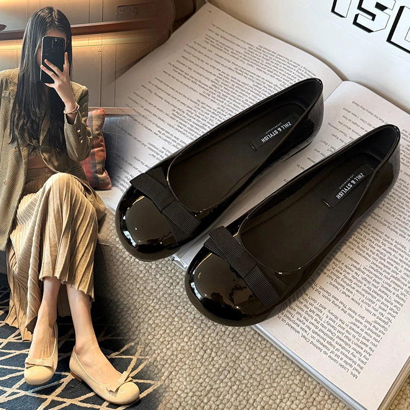 Dameszwart lakleer ronde neus balletflats met sleehak en strik Comfortabel kantoorwerk Dagelijks gebruik Casual schoenen Nieuw