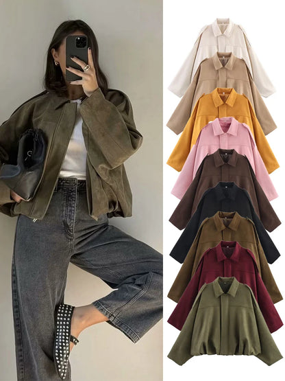 TFMLN Vrouwen Suede Bomberjack Lente Nieuwe Mode Lange Mouw Rits Oversize Effen Bomberjas Chic Lady 2025, Streetwear