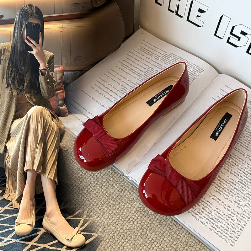 Dameszwart lakleer ronde neus balletflats met sleehak en strik Comfortabel kantoorwerk Dagelijks gebruik Casual schoenen Nieuw