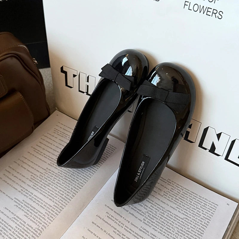 Dameszwart lakleer ronde neus balletflats met sleehak en strik Comfortabel kantoorwerk Dagelijks gebruik Casual schoenen Nieuw