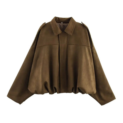 TFMLN Vrouwen Suede Bomberjack Lente Nieuwe Mode Lange Mouw Rits Oversize Effen Bomberjas Chic Lady 2025, Streetwear