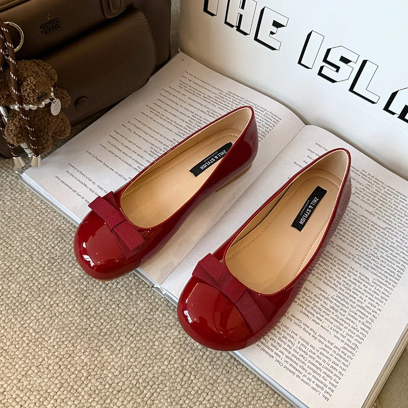 Dameszwart lakleer ronde neus balletflats met sleehak en strik Comfortabel kantoorwerk Dagelijks gebruik Casual schoenen Nieuw