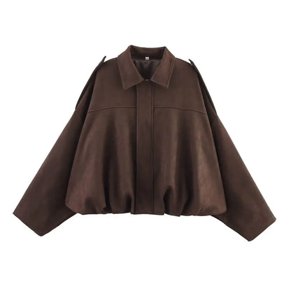 TFMLN Vrouwen Suede Bomberjack Lente Nieuwe Mode Lange Mouw Rits Oversize Effen Bomberjas Chic Lady 2025, Streetwear