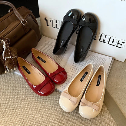 Dameszwart lakleer ronde neus balletflats met sleehak en strik Comfortabel kantoorwerk Dagelijks gebruik Casual schoenen Nieuw