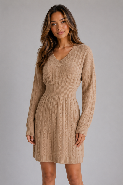 Women's Cable Knit Midi Dress – V-Neck Shirred Waist Fit