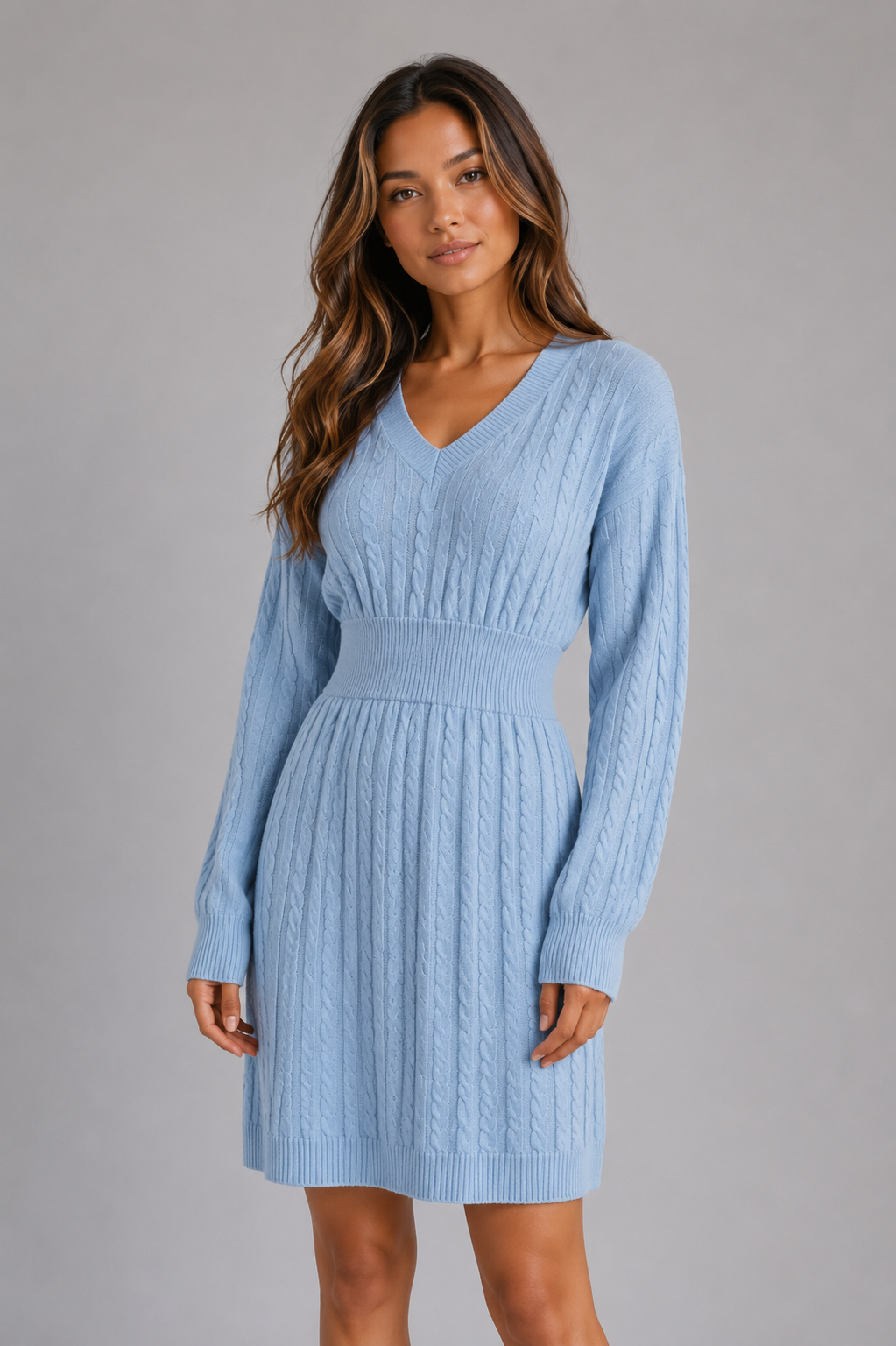 Women's Cable Knit Midi Dress – V-Neck Shirred Waist Fit