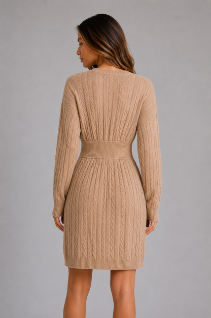 Women's Cable Knit Midi Dress – V-Neck Shirred Waist Fit