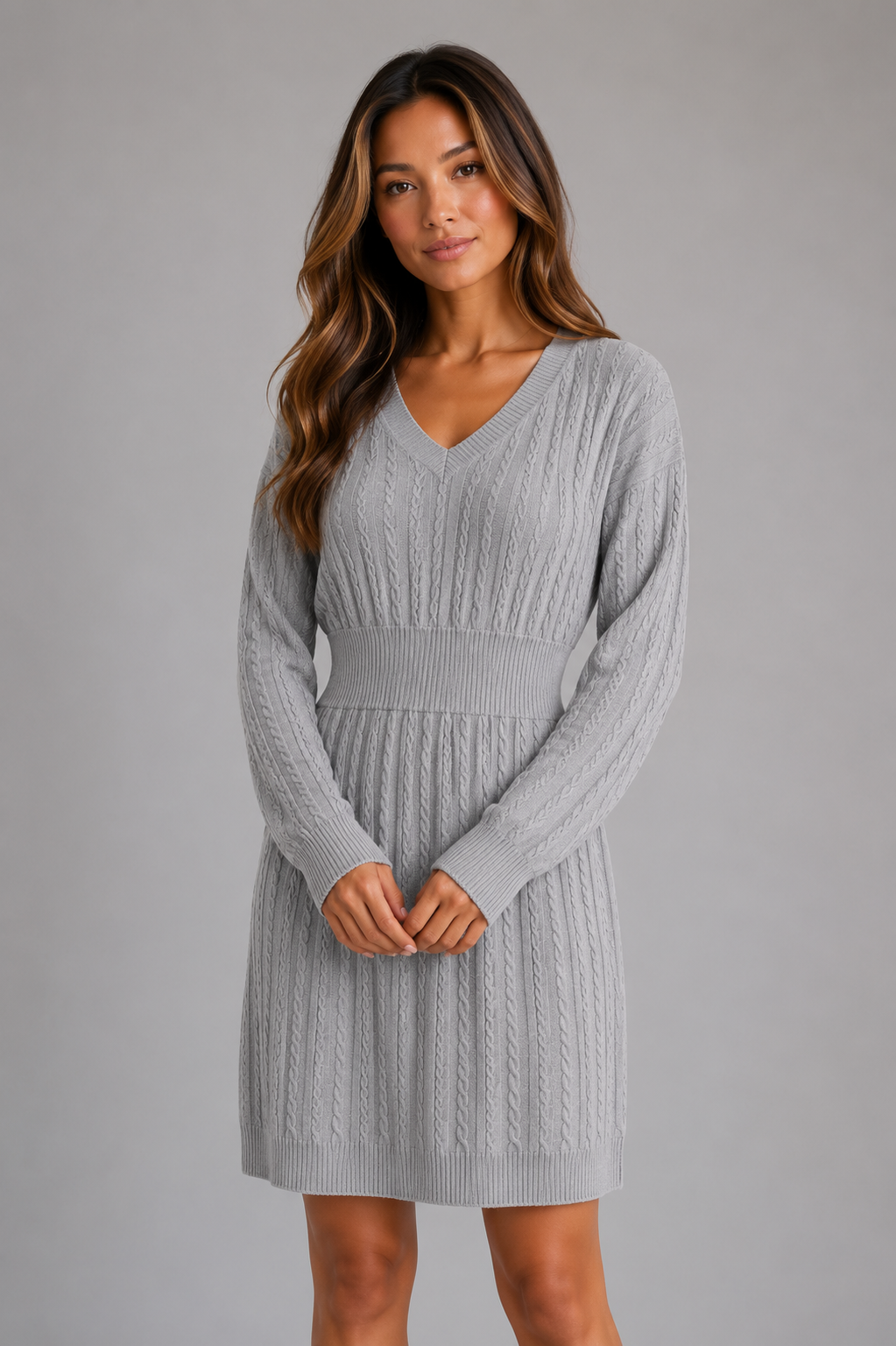 Women's Cable Knit Midi Dress – V-Neck Shirred Waist Fit