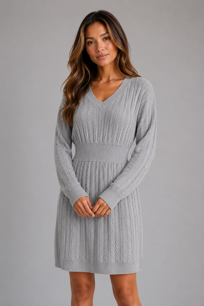 Women's Cable Knit Midi Dress – V-Neck Shirred Waist Fit