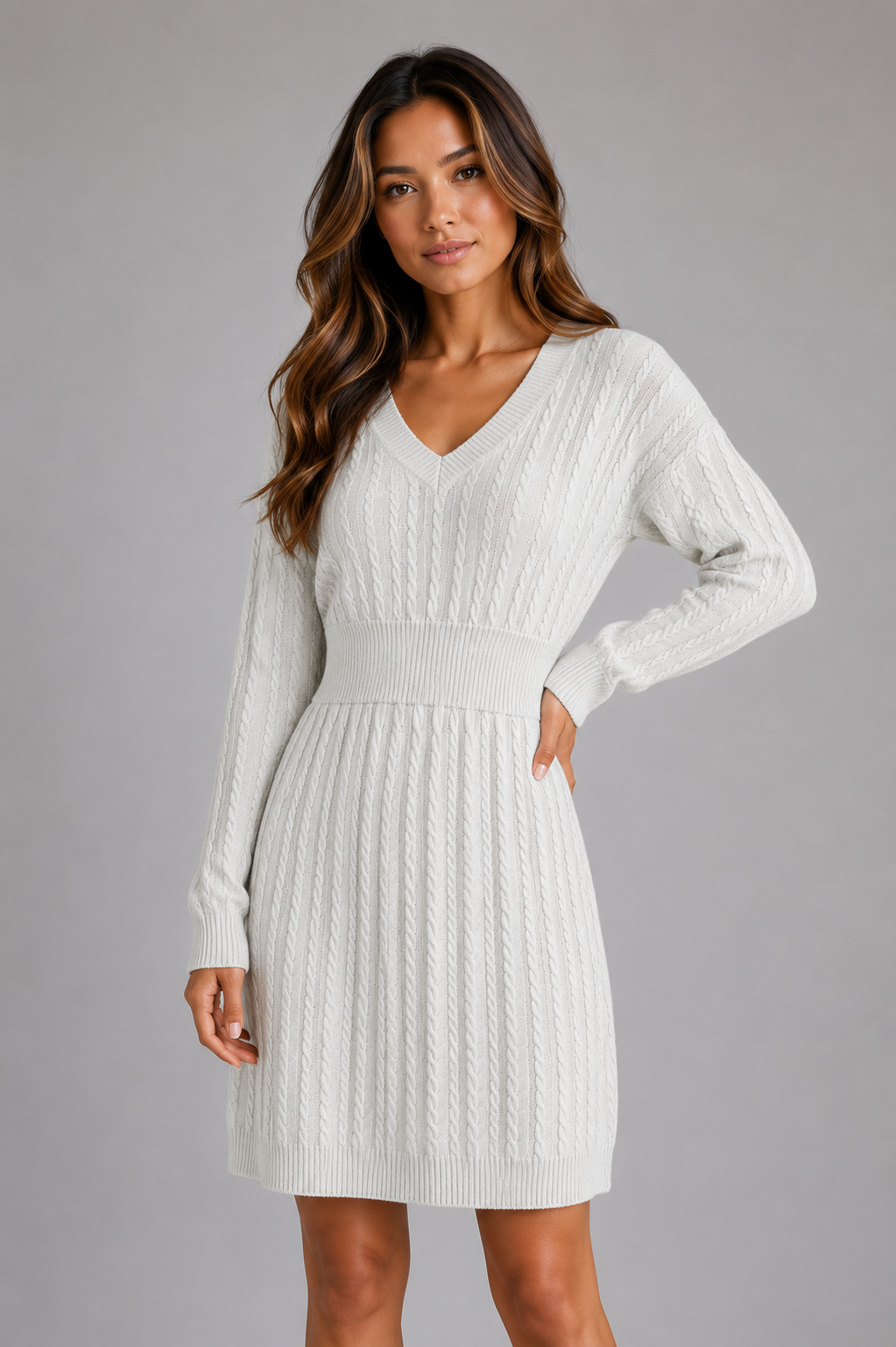 Women's Cable Knit Midi Dress – V-Neck Shirred Waist Fit