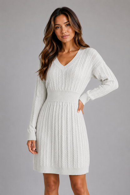 Women's Cable Knit Midi Dress – V-Neck Shirred Waist Fit