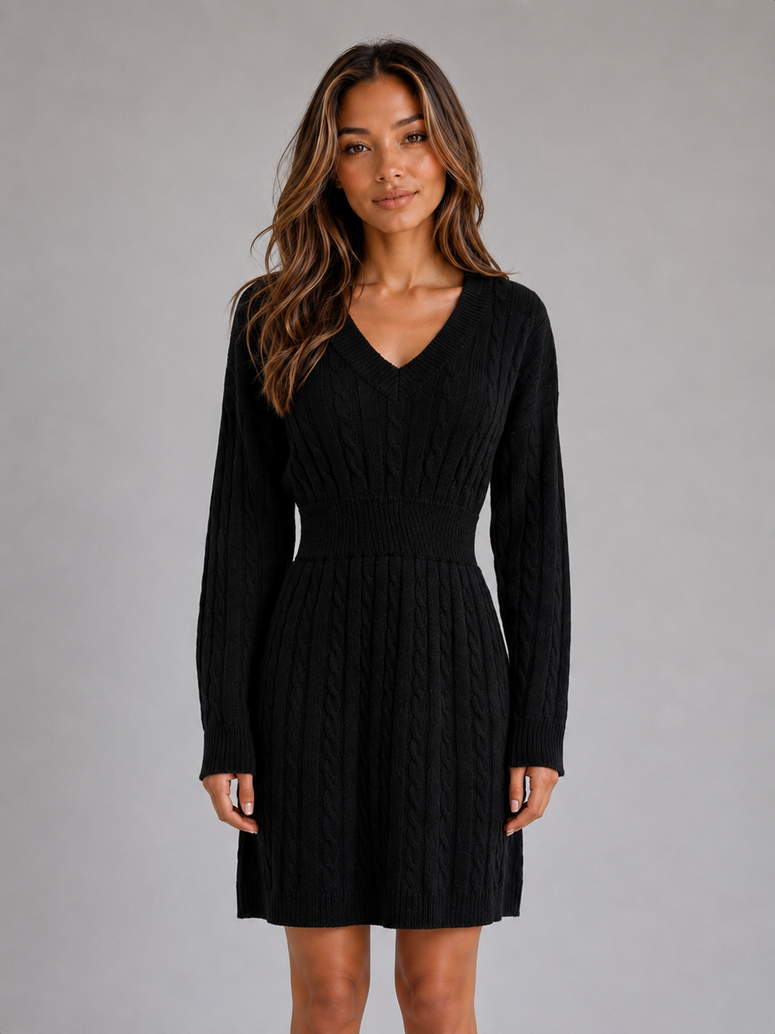 Women's Cable Knit Midi Dress – V-Neck Shirred Waist Fit