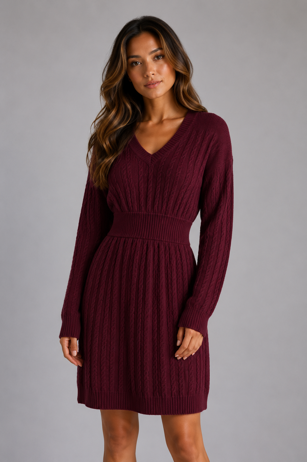 Women's Cable Knit Midi Dress – V-Neck Shirred Waist Fit