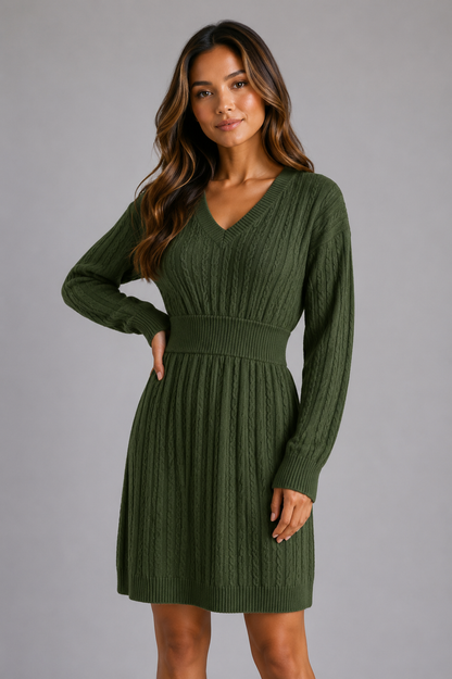 Women's Cable Knit Midi Dress – V-Neck Shirred Waist Fit