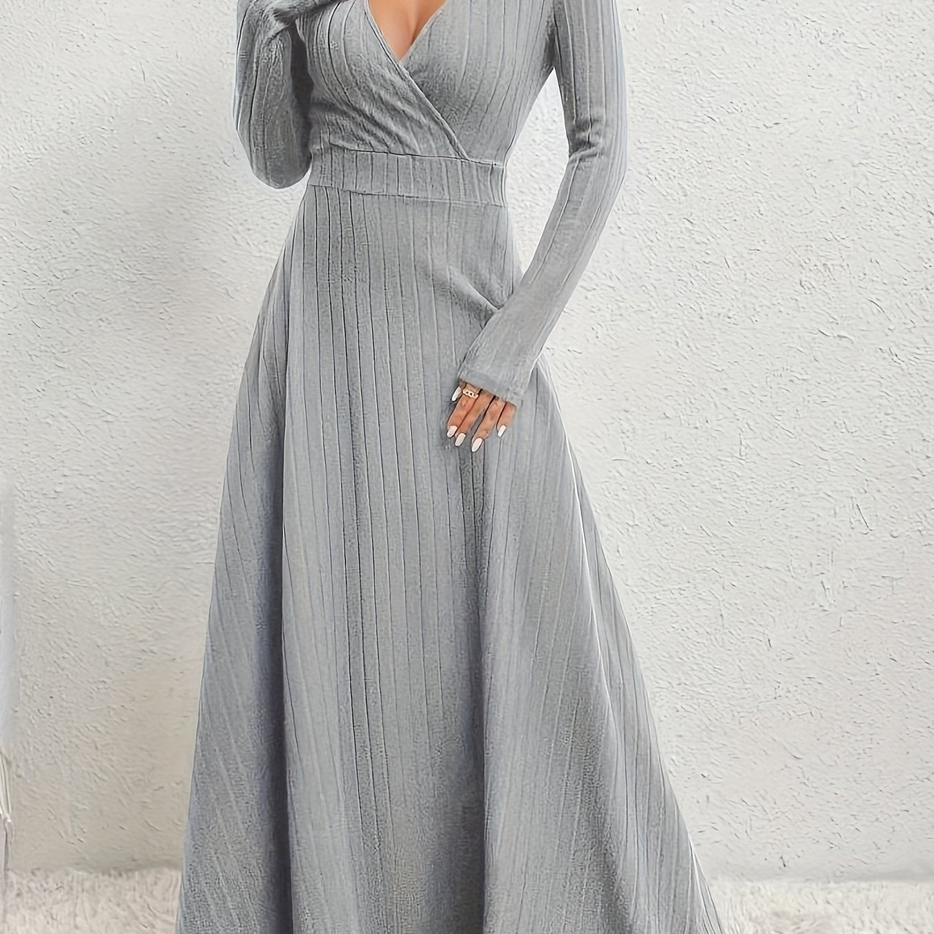 Women's A-Line Dress with Cross Neckline & Sleeves - Soft Stretch Midi Dress for All Seasons, Machine Washable Solid Color Elegant Casual to Formal Wear, Formal Attire, Construction
