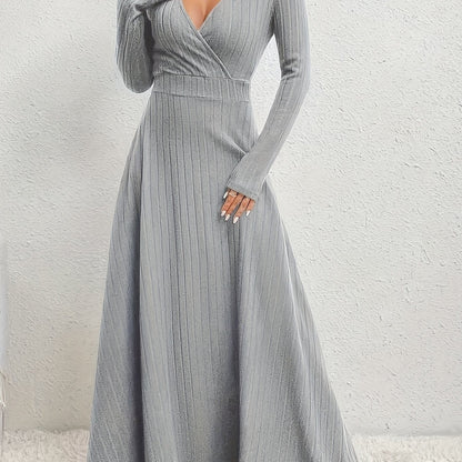 Women's A-Line Dress with Cross Neckline & Sleeves - Soft Stretch Midi Dress for All Seasons, Machine Washable Solid Color Elegant Casual to Formal Wear, Formal Attire, Construction