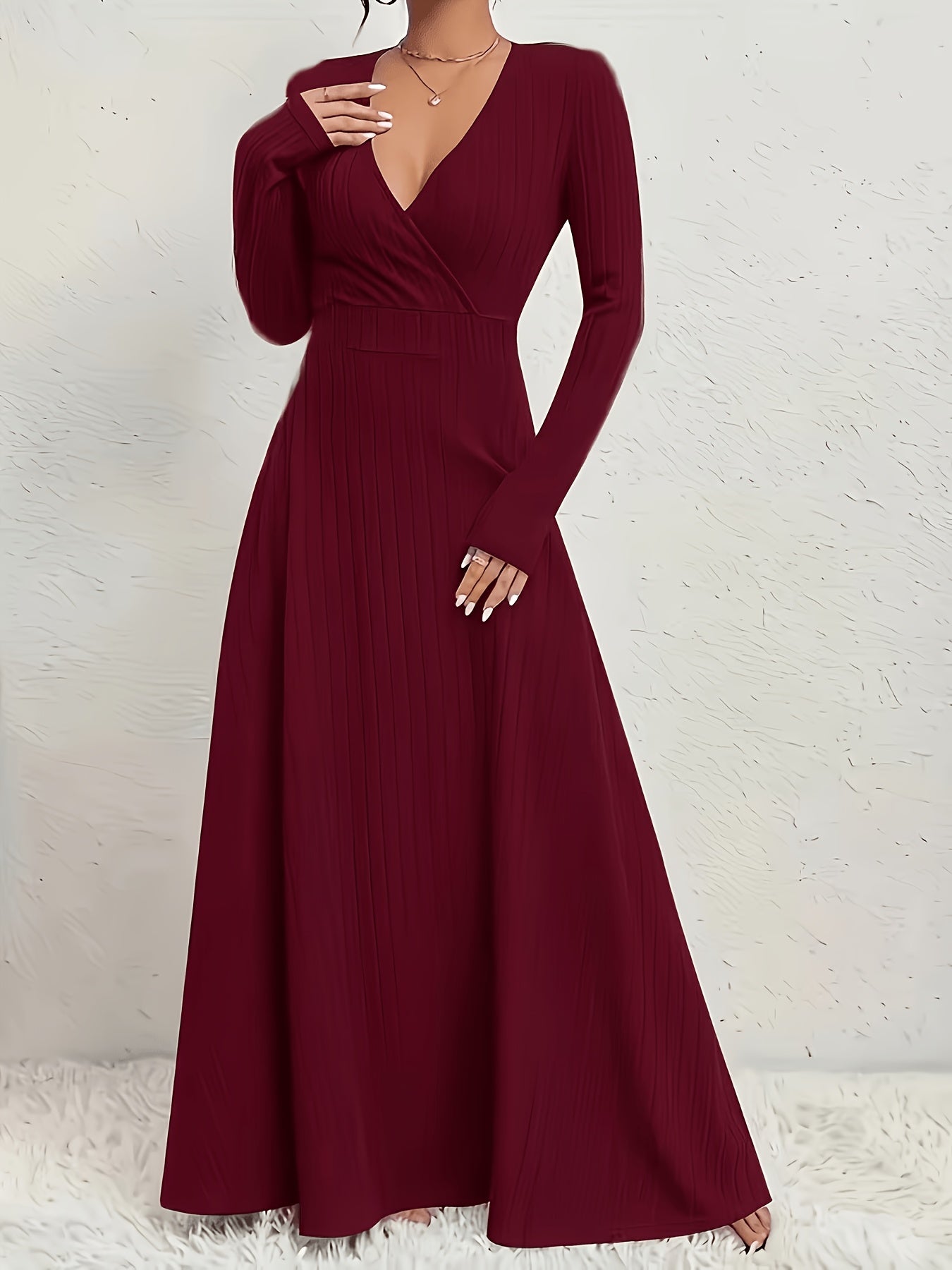Women's A-Line Dress with Cross Neckline & Sleeves - Soft Stretch Midi Dress for All Seasons, Machine Washable Solid Color Elegant Casual to Formal Wear, Formal Attire, Construction