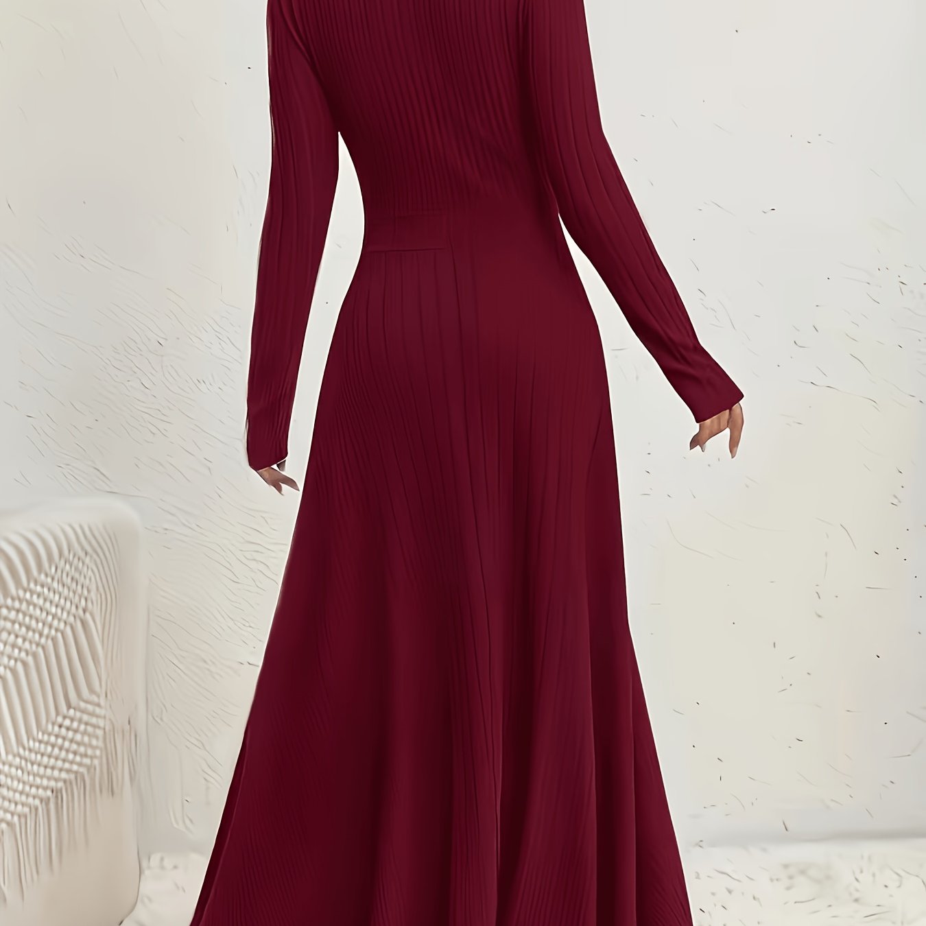 Women's A-Line Dress with Cross Neckline & Sleeves - Soft Stretch Midi Dress for All Seasons, Machine Washable Solid Color Elegant Casual to Formal Wear, Formal Attire, Construction