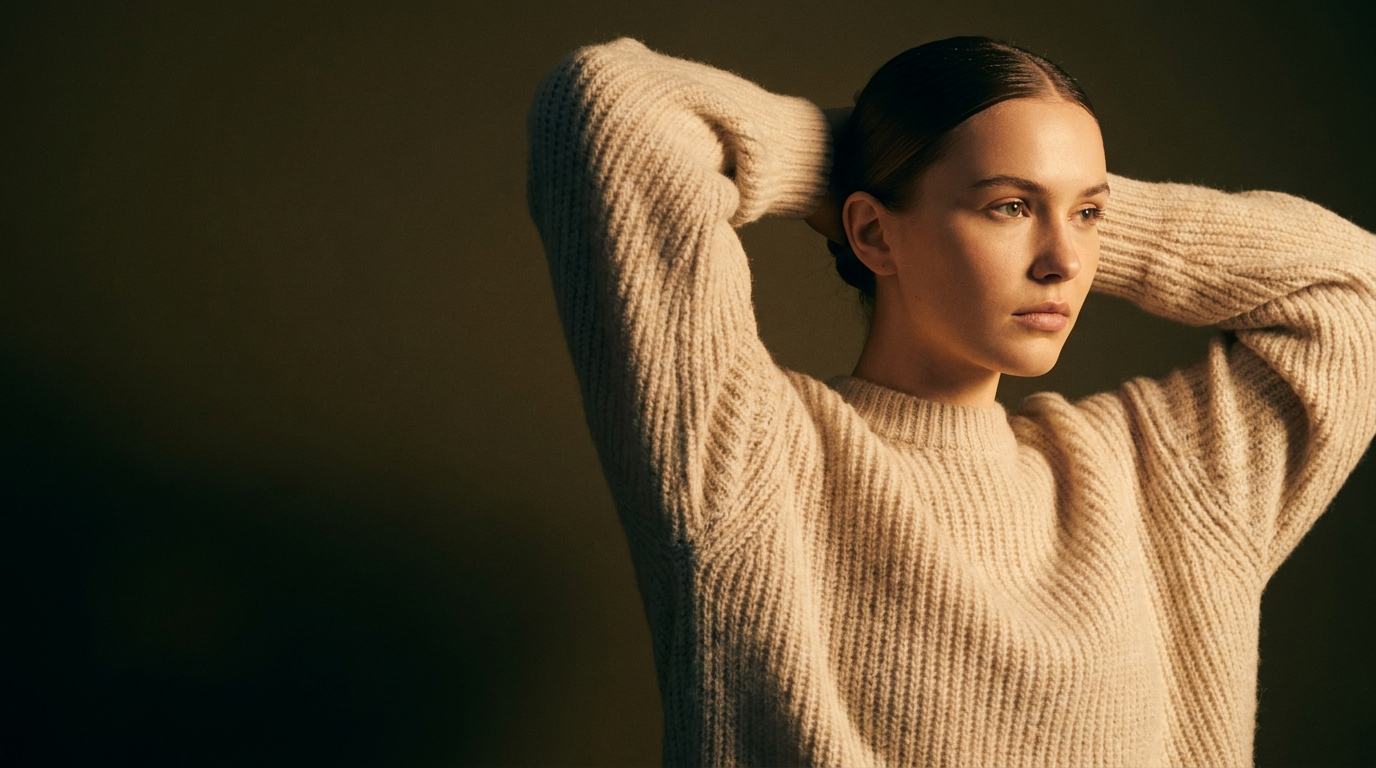 Shop safely — model in cashmere sweater