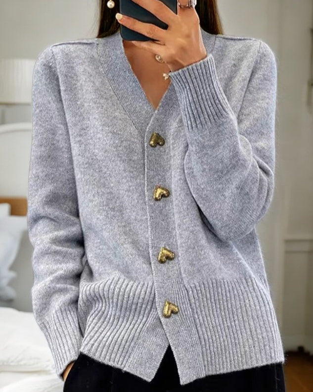 V-Neck Cardigan Sweater with Gold Heart Buttons