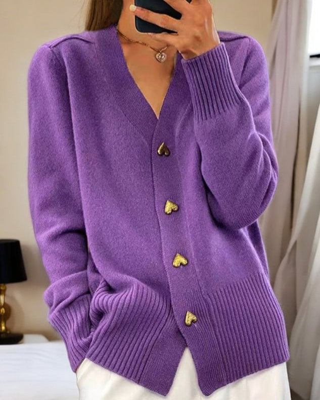V-Neck Cardigan Sweater with Gold Heart Buttons